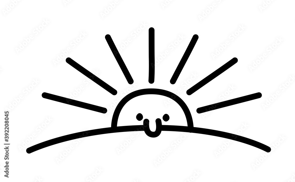 Shy sun poking its nose and rising over the horizon. Cute funny character cartoon style vector illustration. Shy sun poking its nose and rising over the horizon. Cute funny character cartoon style vector illustration.