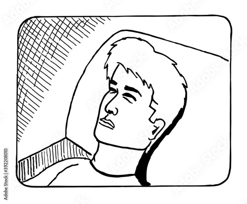 Man face close-up lying on his bed, pillow. Sketch line black and white hand drawn style vector illustration.