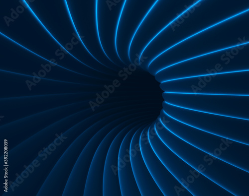 Abstract Technology Tunnel with Light at the End. 3D Light tunnel. Blue abstract speed motion in highway tunnel for technology background. Tunnel with futuristic light. 3D rendering. © SappawatS