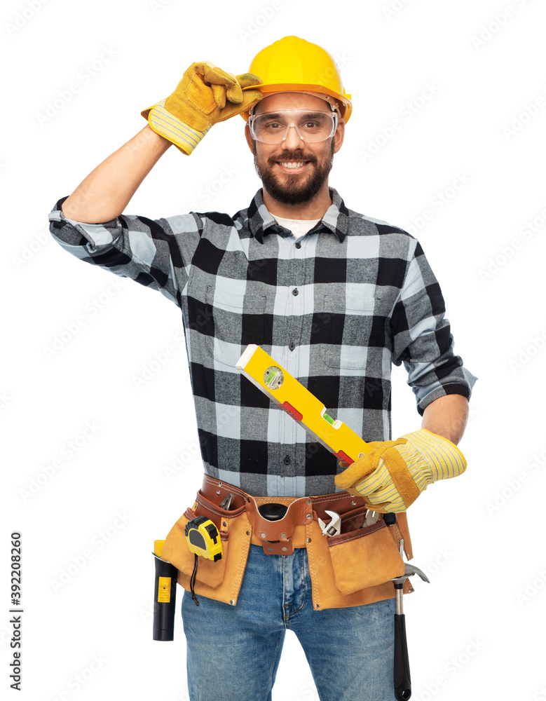 profession, construction and building - happy smiling male worker or builder in helmet with level over white background profession, construction and building - happy smiling male worker or builder in helmet with level over white background