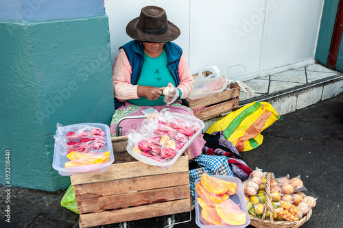 Selling fruits on city street, Lima, Peru