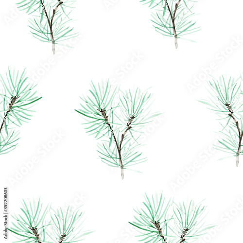 Seamless christmas watercolor pattern pine. For decoration of gift wrapping  design works  postcards  design of fabrics and textiles  souvenirs  packaging design  invitation.