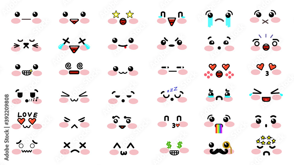 Cute kawaii faces. Facial expressions vector set