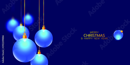 Merry Christmas and Happy New Year illustration. Winter holiday vector illustration. Festive composition with blue glass christmas balls