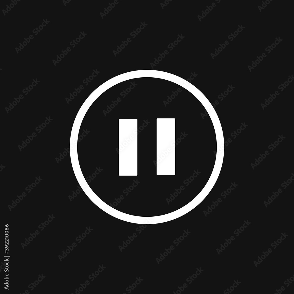 Pause sign. White icon on black background. Pause icon. Pause sign. White icon on black background. Pause icon.