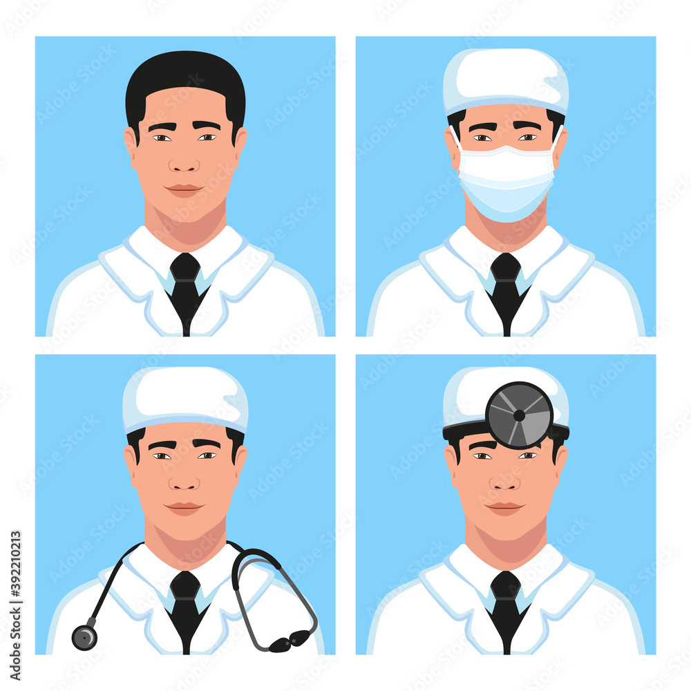 Asian young man physician, ENT with medical face mask and head reflector, stethoscope avatar set. Healthcare personal. Therapist. Hospital nurse. Vector Illustration. Asian young man physician, ENT with medical face mask and head reflector, stethoscope avatar set. Healthcare personal. Therapist. Hospital nurse. Vector Illustration.