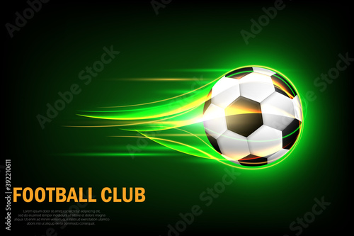 Flaming soccer ball poster for football sport game. Flying soccer ball with shine motion green blur.