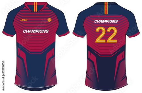 Sports t-shirt jersey design vector template, sports jersey concept with front and back view for Soccer jersey, Cricket jersey, Football jersey, Volleyball, Rugby. Barcelona Soccer jersey concept.