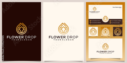 water drop and flower combination logo design template and business card inspiration