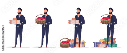 The guy is holding a gift. A man, a lot of gifts, a basket of roses. Suitable for the theme of the New Year, Valentine's Day and Birthday. Vector.