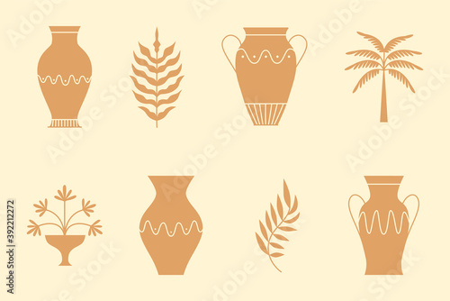 Vector design element  in simple modern style - decorative vases with leaves and plants