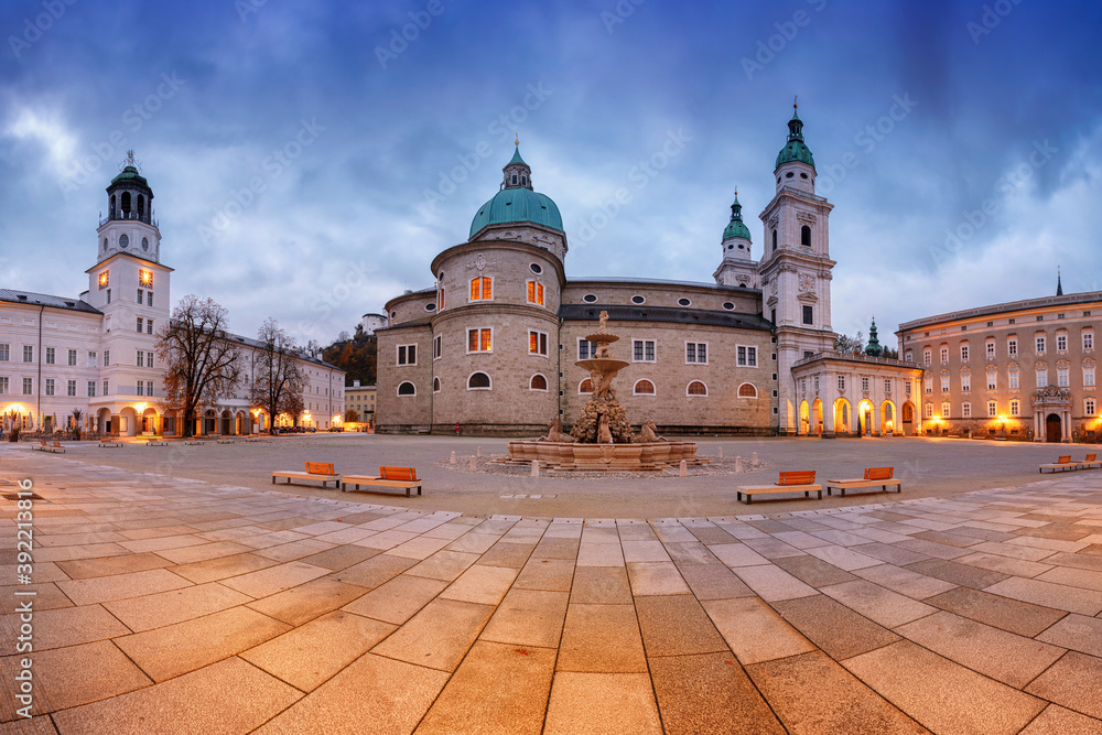 Salzburg, Austria. Cityscape image of the Salzburg, Austria with Salzburg Cathedral and Residenzplaz during autumn sunrise.