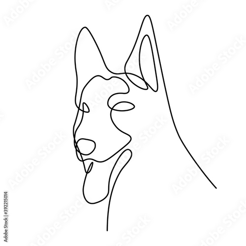 Dog portrait in continuous line art drawing style. German shepherd head black linear sketch isolated on white background. Vector illustration