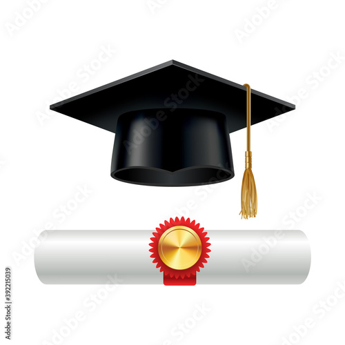 Graduation cap and rolled diploma scroll with stamp. Finish education concept. Academic hat with tassel and university degree certificate. Vector illustration for announcement banner poster or flyer