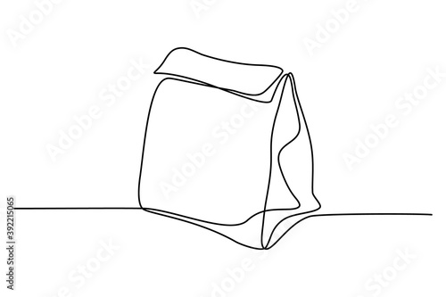 Paper bag in continuous line art drawing style. Lunch package minimalist black linear sketch isolated on white background. Vector illustration