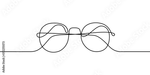 Glasses in continuous line art drawing style. Front view of eyeglasses minimalist black linear sketch isolated on white background. Vector illustration photo
