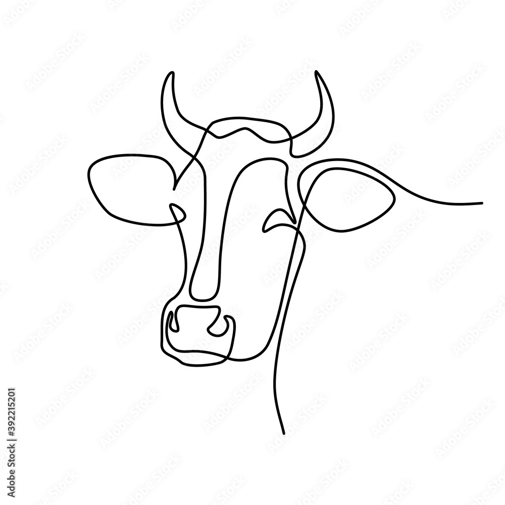 Cow head in continuous line art drawing style. Horned cow portrait