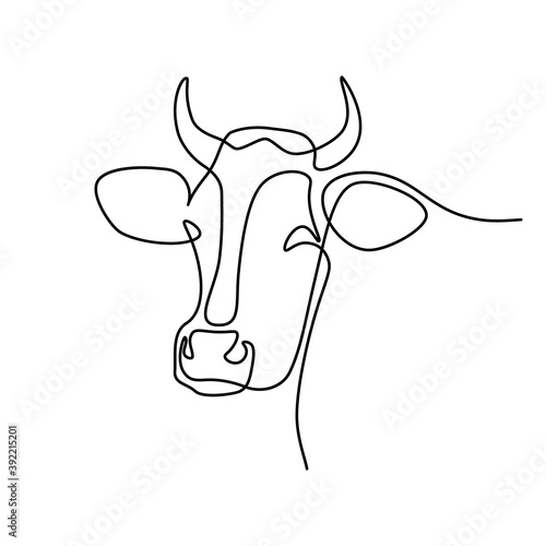 Cow head in continuous line art drawing style. Horned cow portrait minimalist black linear sketch isolated on white background. Vector illustration