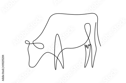 Cow on pasture in continuous line art drawing style. Grazing cow abstract minimalist black linear sketch isolated on white background. Vector illustration