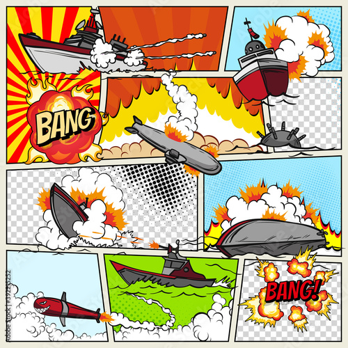 Template comic book page with warships. Pop art ships that explode. Military action. Comic book page divided by lines with speech bubbles superhero and sounds effect. Retro background mock-up