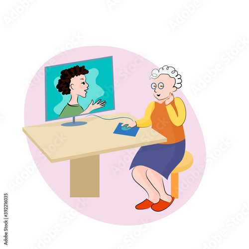 Grandmother and grandson teen are talking with Internet connection. Vector cartoon image. 