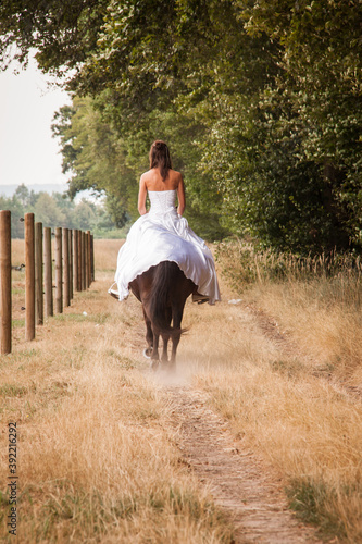 Braut im Hochzeitskleid auf einem Pferd © Ingairis