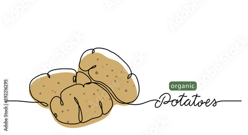 Potatoes vector illustration. One line drawing art illustration with lettering organic potatoes.