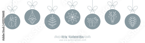 Weihnachstbanner - frohe Weihnachten mit weihnachtlichen Symbolen silberfarben - deutsch.
