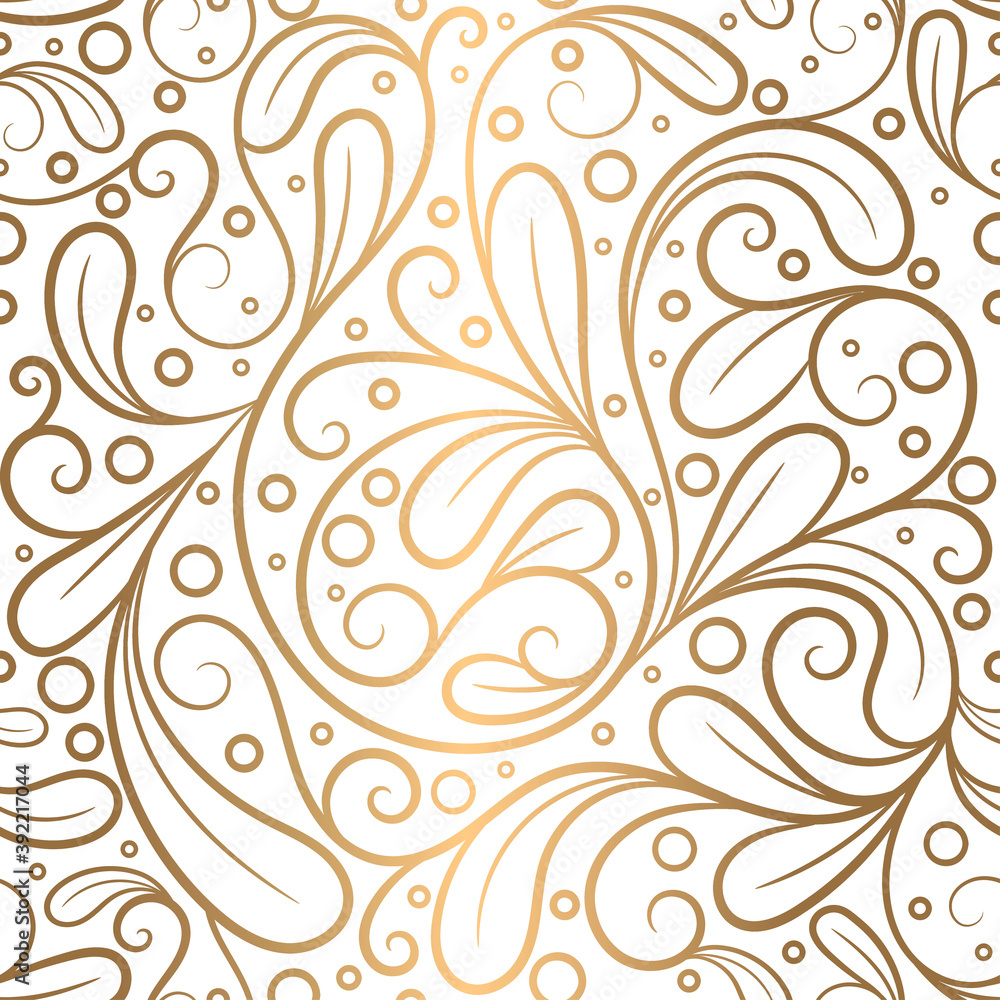 White and gold linear leaves seamless pattern. Vintage vector ornament template. Paisley elements. Great for fabric, invitation, background, wallpaper, decoration, packaging or any desired idea.