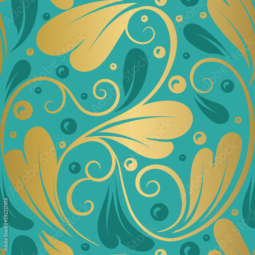 Gold and turquoise  leaves seamless pattern. Vintage vector ornament template. Paisley elements. Great for fabric, invitation, background, wallpaper, decoration, packaging or any desired idea.