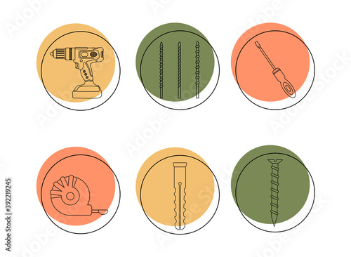 A set of icons of construction tools. Drilling machine, drill bits, screwdriver, self-tapping screw, dowel, tape measure. Power tool, hammer drill © Юлия Чернобай