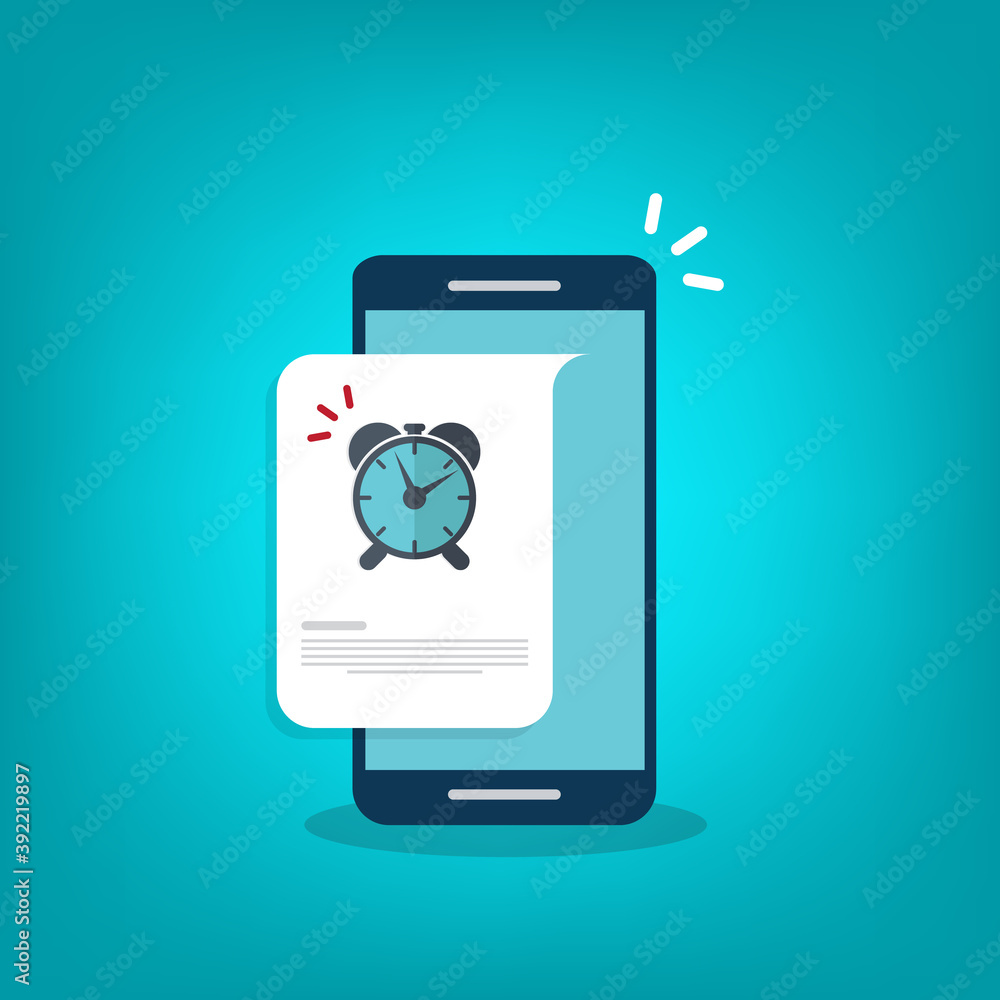 Reminder info message notice vector on mobile phone. Event, deadline, urgent to do or wake up notification with text on smartphone, cellphone.