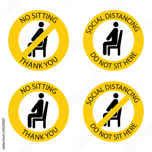 No sitting there. Forbidden seat. Keep social distance to prevent infection with the coronavirus. Do not sit here. Keep your distance when you are sitting. Man on the chair. Vector