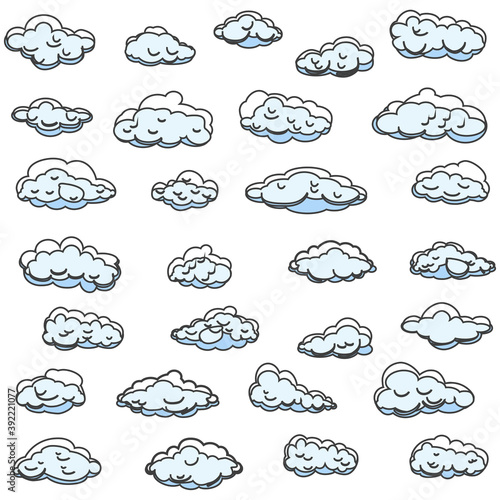 White cartoon clouds set isolated on white background. Collection of different cartoon clouds for background template, wallpaper and sky design. Cartoon clouds vector. Sky illustration
