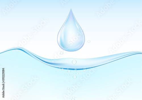 Falling blue water drops on water surface with air bubbles vector illustration
