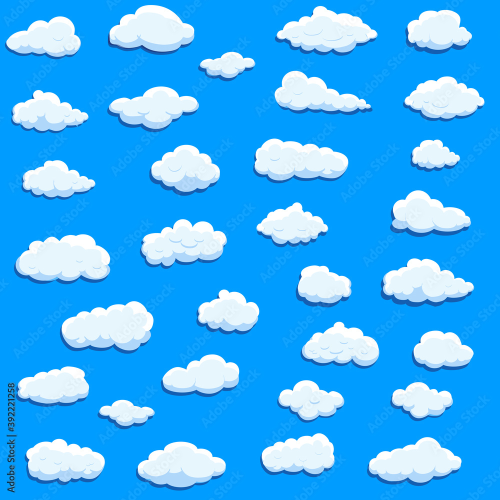 White cartoon clouds set isolated on blue background. Collection of different cartoon clouds for background template, wallpaper and sky design. Cartoon clouds vector. Sky illustration White cartoon clouds set isolated on blue background. Collection of different cartoon clouds for background template, wallpaper and sky design. Cartoon clouds vector. Sky illustration