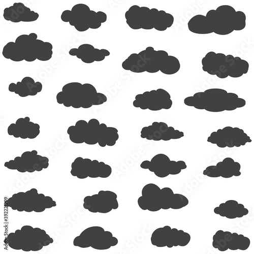 Black cartoon clouds set isolated on white background. Collection of different cartoon clouds for background template, wallpaper and sky design. Cartoon clouds vector. Sky illustration