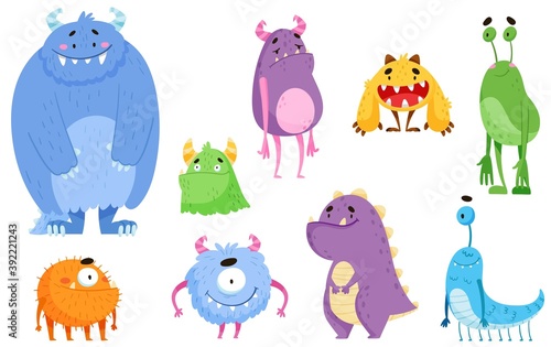 Funny Smiling Toothy Monsters with Horns Vector Set
