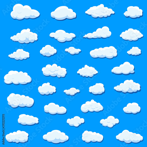 White cartoon clouds set isolated on blue background. Collection of different cartoon clouds for background template, wallpaper and sky design. Cartoon clouds vector. Sky illustration