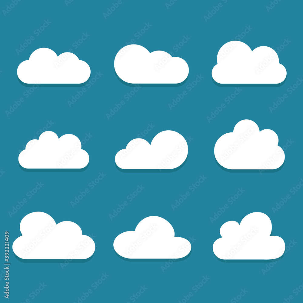 White cartoon clouds set isolated on blue background. Collection of different cartoon clouds for background template, wallpaper and sky design. Cartoon clouds vector. Sky illustration White cartoon clouds set isolated on blue background. Collection of different cartoon clouds for background template, wallpaper and sky design. Cartoon clouds vector. Sky illustration