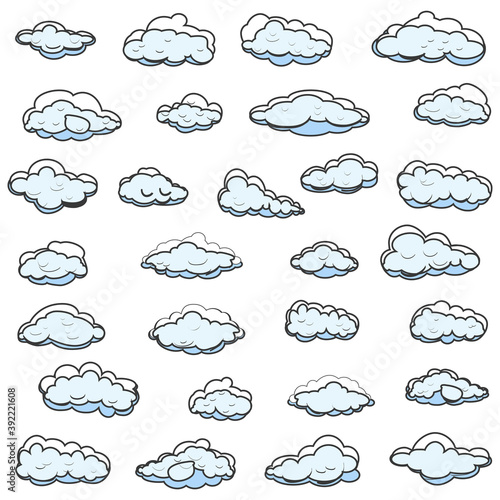 White cartoon clouds set isolated on white background. Collection of different cartoon clouds for background template, wallpaper and sky design. Cartoon clouds vector. Sky illustration