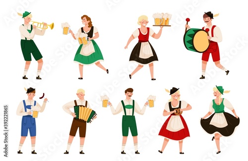 People Characters in Traditional Bavarian Costumes Playing Musical Instrument and Carrying Beer Mug Vector Illustration Set
