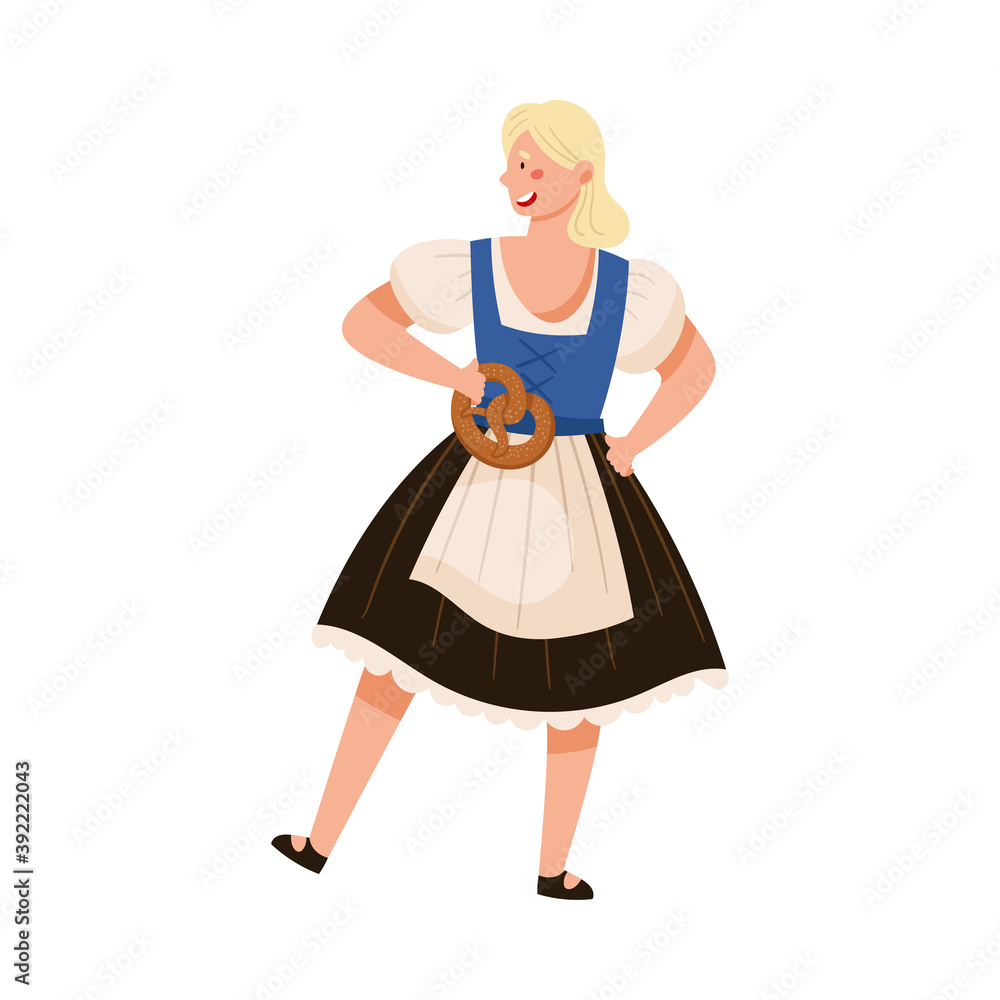 Young Woman in Dirndl Dress Holding Pretzel and Dancing Vector Illustration Young Woman in Dirndl Dress Holding Pretzel and Dancing Vector Illustration