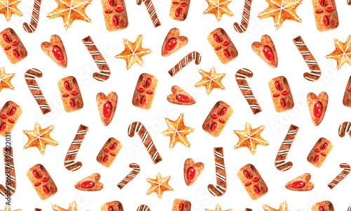 Seamless Christmas holiday pattern hand drawn in watercolor. Gingerbread star, jelly cookies, stick bright sweet texture. For seasonal gift wrapping, cards, textile print, bakery, birthday decorations