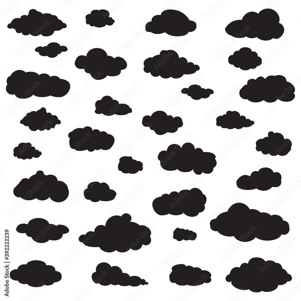 Black cartoon clouds set isolated on white background. Collection of