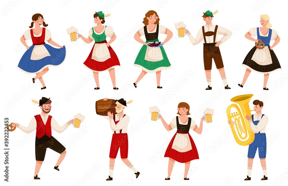 People Characters in Traditional Bavarian Costumes Playing Musical Instrument and Carrying Beer Mug Vector Illustration Set