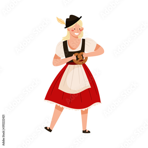 Young Woman in Dirndl Dress Holding Pretzel and Dancing Vector Illustration