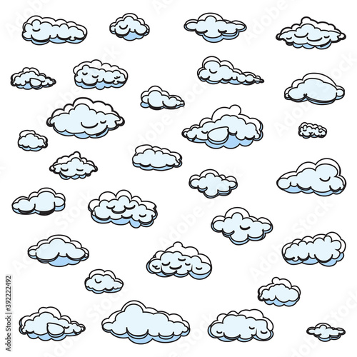 White cartoon clouds set isolated on blue background. Collection of different cartoon clouds for background template, wallpaper and sky design. Cartoon clouds vector. Sky illustration