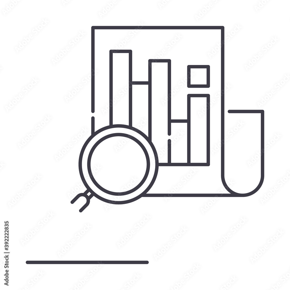 Business documentation analysis icon, linear isolated illustration, thin line vector, web design sign, outline concept symbol with editable stroke on white background. Business documentation analysis icon, linear isolated illustration, thin line vector, web design sign, outline concept symbol with editable stroke on white background.