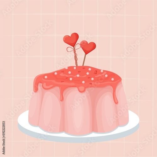Pink tasty glazed pudding, confectionery dessert, holiday menu on pink abstract background. Poster, banner with heart shape decoration.